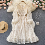 Fongt Style Femininity Waist Thin Knee Long Sleeve First Love Dress A Elegant Temperament V-Neck Lace Dress
