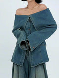 2024 Autumn Women Denim Blouse Patchwork Slash Neck Off Shoulder Single Breasted Wasit Solid Color Tops TH4518-Outfit