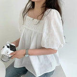 Crochet Square Collar Puff Sleeve Blouse-Outfit