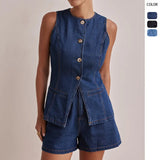 Fongt 2025 New Fashion Sleeveless High Waist High Waisted Loose Nipple Shorts Set