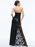 INS Solid Color PU Leather Fashion Temperament Body-Meared Lace Explosion Sexy Mid-Long Dress Dress