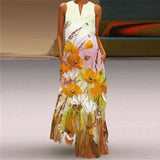 Printed Sleeveless Maxi Dress Women Casual V-neck Robe Dresses Female Plus Size Beach Holiday