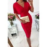 Hot Style Summer Solid Color V-Collar Sexy Hip Dress Women's Short Sleeves-Outfit