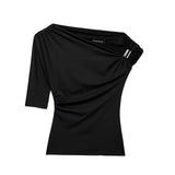 Fongt Set Asymmetric Coat 2025 Summer Folded Single-Sleeved Elastic Body Trim Women's T-Shirt Casual