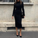 Fongt 2023 New Solid Color Fashion Lapel Slim Show Thin Package Hip Dress-Outfit