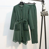 Women Two Piece Set Autumn Striped Long Tops Pants Suit Casual Single Breasted Blouse Elastic Waist Trousers