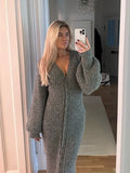 Fongt Autumn And Winter Women's New Casual Gray Long Sweater Cardigan