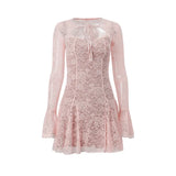 Fongt 2024 New Fashion Sexy Lace Pink Vest Horn Sleeve Halter Skirt Suit