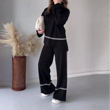 Fongt 2023 New Fashion Solid Color Line Print Casual Sweater Set-Outfit