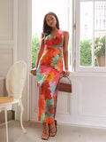 Fongt Summer New Women's Temperament Casual V-Neck Printing Tie Medium Long Dress D2425-Outfit