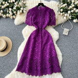Fongt Squeer Hook Lace Dress Female French Waist Thin Temperament Short-Sleeved Long Dress 2025 Summer