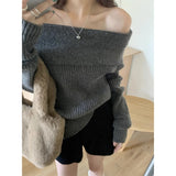 Fongt Shoulder Sweater Autumn And Winter Lazy Wind Loose Retro Wear Bottom Shoulder Collar Knitted Blouse Female Retro Style