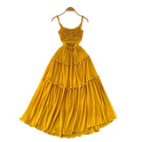 Fongt Tea Break Retro Sling Dress Women's Holiday Wind To Show Thin Folds Design Long Skirt
