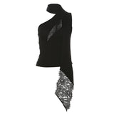 Fongt Summer Women's Lace Ribbon Stitching Hollow Out Asymmetrical Slim Small Vest-Outfit