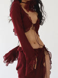 Women Ruffles 2 Piece Skirt Set Long Sleeve Mesh See Through Shirts Tops Low Waist High Split Skirts Outfits Clubwear-Outfit