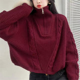 Fongt Version Of Autumn And Winter Retro Half Zipper Standing Collar Sweater Loose Thin Pure Color Design Sense Short Twist Sweater Woman-Outfit