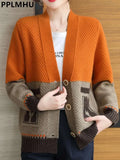 Splices Sweater Cardigan Jackets Women Letter Print Slim Knit Coat Casual Soft Knitwear Gilet V-neck Malhas Abrigos