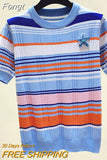 Summer O-Neck Striped Knitted Sweater Women 2023 Short Sleeve Beading Sweaters Pullovers Korean Jumper Tops Pull