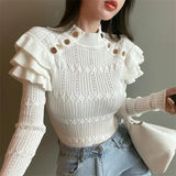 Sleeve Turtleneck Buttons Sweater Jumpers Girls Stretchy Chic Ruffles Autumn Spring Sweaters Pullovers Tops Women-Outfit