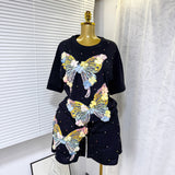 Fongt Set European Dress Design Butterfly Set Drill Short Sleeve T-Shirt Blouse Woman + Tight Waist Broad Leg Shorts Two Sets