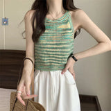 Thin Interior Hollow Retro Color Hanging Neck Knitting Top Sexy Sweet Hottie Vest Sling