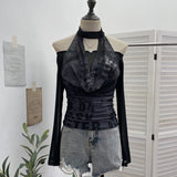 Fongt Hottie Hanging Neck A Word Shoulder Collar Long Sleeve Mesh Yarn T-Shirt 1331