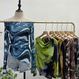 Fongt Dyed Printed Shoulder T-Shirt Design Sense Irregular Open Fork Thin Mesh Long Sleeve Top 8958