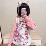 Sweet Cartoon Thin Pink Weatshirts Y2k E-Girl Long Sleeve Zipper Coat Women 2024 New Mid-length Loose Tops Mujer-Outfit