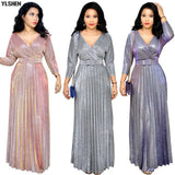 African Dresses for Women Dashiki African Clothes Pleated Africa Skirts Bazin Sexy Gold Stamp Long Sleeve Evening Long
