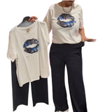 Fongt Lips Summer New Casual Printed Letters Short Sleeve T-Shirt Set