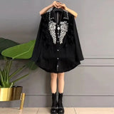 Diamonds Beading Shirt Casual Ruffles Spliced Women's Clothing Commute Single-breasted Spring Autumn Lapel Loose Blouse-Outfit