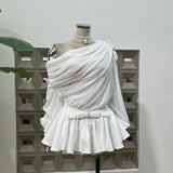 Sweet Temperament Design Folded Micro-Perchee Shoulder Irregular Top + Ultra-Short Trousers