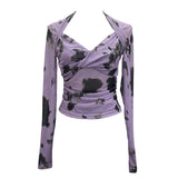 Fongt Tie-Dye-Print Long Sleeve Bottom Sexy Hottie V-Neck T-Shirt Folded Slimming Mesh Yarn Top 8929