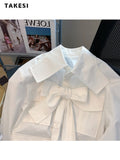 Summer Fashion Casual Loose Long Sleeve Single Breasted Shirt Spring Women's Pockets Turn-Down Collar Bow White Blouse