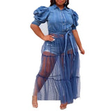 Fongt New Large-Size Women's Dress Open Shirt Temperament Commuting Blue Denim Splicing Cloth