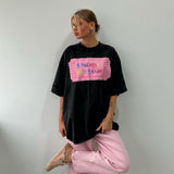 Fongt Letter Print Bumper T-Shirt Foundation Buffet Short Sleeves Front Shoulder Thin Long Round Collar Top