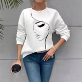Fongt Spring And Autumn New Women's Fashion Face Printed Round-Neck White Dress