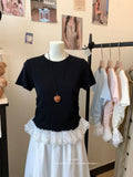 Fongt Lace Spliced Under Hem Short Sleeve Lace T-Shirt Summer New Slim White Collar Showing Thin Bottom