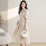 Fongt Wind Broken Flower Dress Women's Summer New Tea Break French High-Grade Feeling Thin V-Neck Long Dress