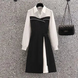 Ladies Elegant Patchwork Dresses Polo Collar Long Sleeve Chiffon Vestidos Korean Casual Women