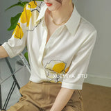 Large Size Shirt Summer Silk Printing Women's Blouse 2022 New Short Sleeve Casual Loose Top Female Fashion Korean Style