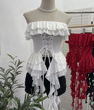 Fongt Shooting Hottie Belt Lotus Side Splicing Lace Bra Vest Word Shoulder Ribbon Short Coat 8013