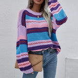 Patchwork O-neck Women's Sweater 2021 Autumn Winter Long Sleeve Drop Shoulder Female Pullovers Loose Fashion