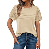 Fongt Summer New Women's Casual Loose Round-Neck Lady T-Shirt Solid Color Lace Splicing