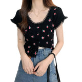 Fongt Bubble BM Broken Flower T-Shirt New Short Ins Lace Korean Version Sweet Renoval Sweet Sleeve