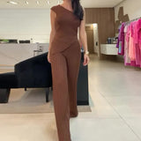 Fongt 2024 New Solid Color Diagonal Collar Stripe Elastic Slim Knit Sweater Pants Suit Women-Outfit