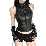 Fongt Street Babes High-Necked Metal Buckle Leather Waist Design Repair Short Sleeveless Top