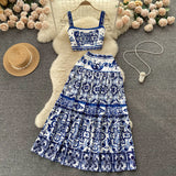 Fongt And White Porcelain Printing Set Of Women In Summer Pure Desire To Bare Belt Slings Small Vest + High Waist Mid-Dress Skirt