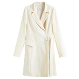 Notched Regular Full Sleeve Dress Elastic Waist Knee-Length Asymmetrical Dress Solid Office Lady Spring New