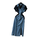 Fongt Fashion Niche Fashion Heavyweight Diamond Lace Splicing Polo Collar Short Sleeves Denim Waist Dress Women's Summer Dress